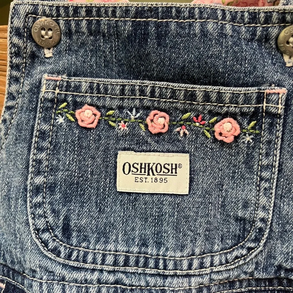 OshKosh Bgosh Girls 18M Blue Denim Floral‎ Patchwork Embroidered Overall Dress